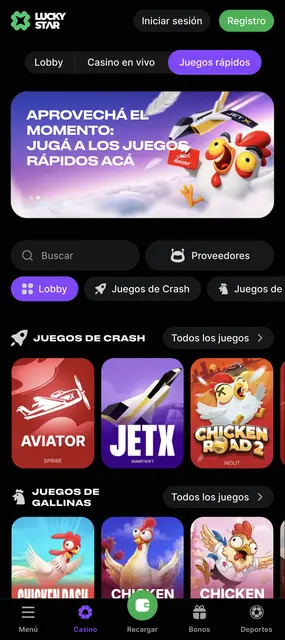 Lucky Star visto en un smartphone: apartado crash con Aviator y JetX