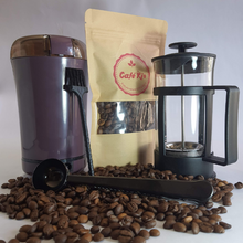 Cargar imagen en el visor de la galería, 250 gramos café variedad superior, molinillo eléctrico, prensa francesa y cuchara clip dosificadora
