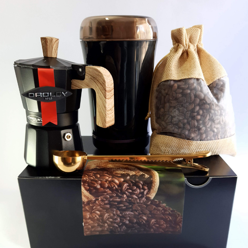 250 gr café superior, Cafetera italiana Nature 1 taza, molinillo eléctrico, cuchara clip dosificadora en caja de lujo